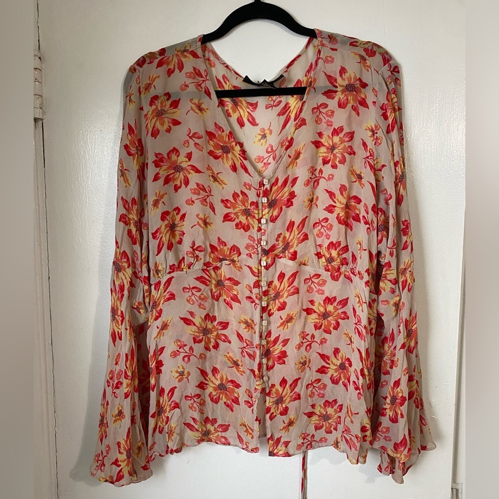 Romantic Floral Wide Bell Sleeve Blouse
